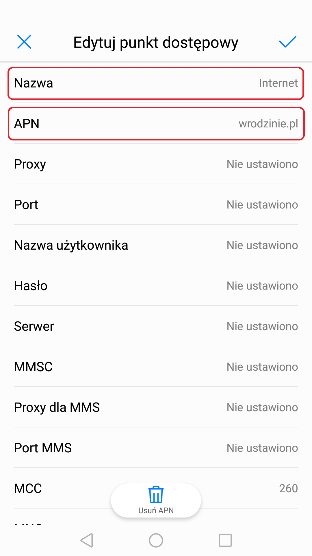 Jako nazwa powinieneś mieć wpisane: Internet, a APN: wrodzinie.pl