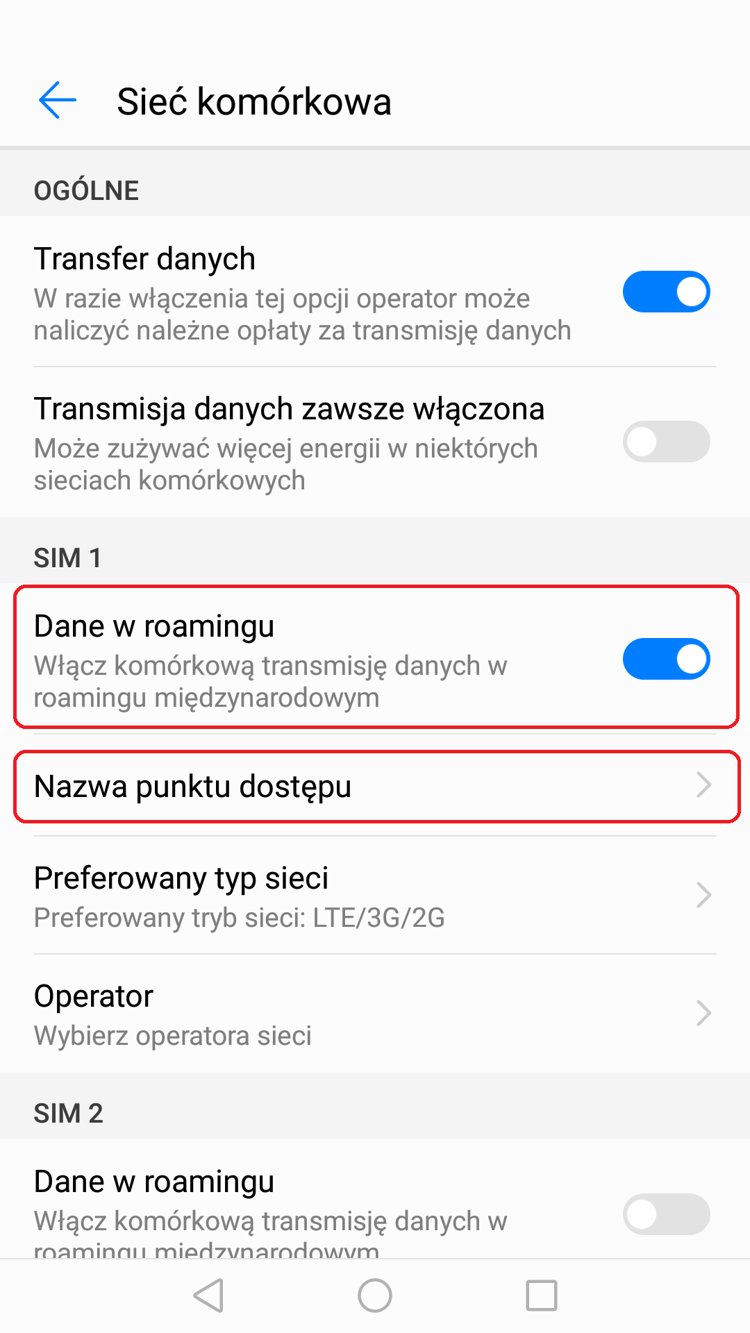 Włącz Dane w roamingu, a następnie kliknij pozycję Nazwa punktu dostępu