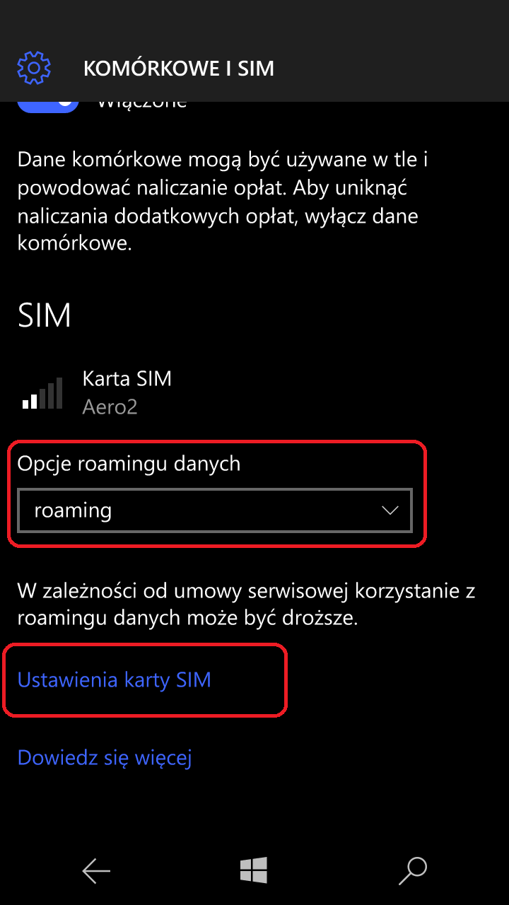 Pozycja Opcje roamingu danych powinna być ustawiona na roaming, następnie kliknij pozycję Ustawienia karty SIM