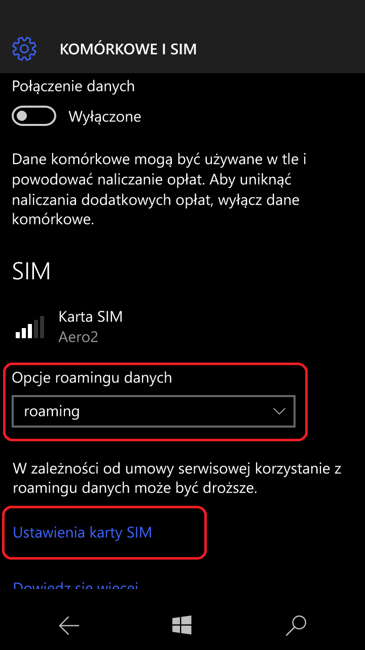 Pozycja Opcje roamingu danych powinna być ustawiona na roaming, następnie kliknij pozycję Ustawienia karty SIM