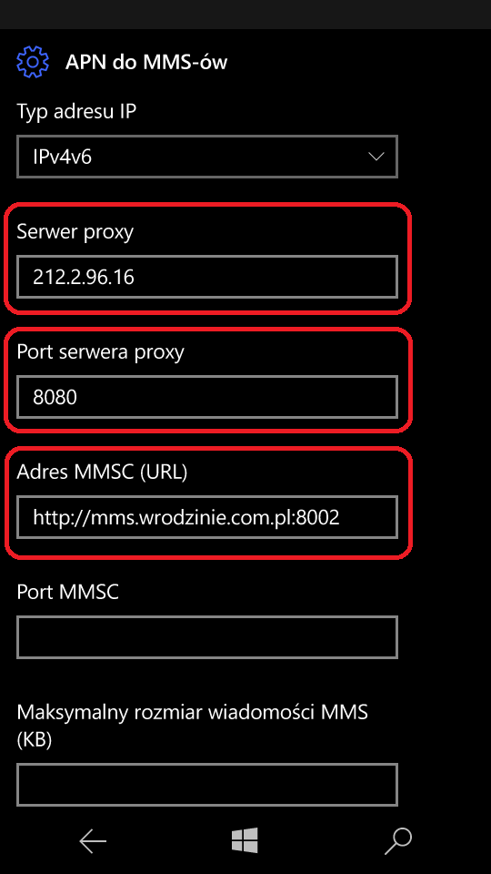 Serwer proxy powinien być wpisany: 212.2.96.16, Port serwera proxy 8080, Adres MMSC (URL): http:/mms.wrodzinie.com.pl:8002
