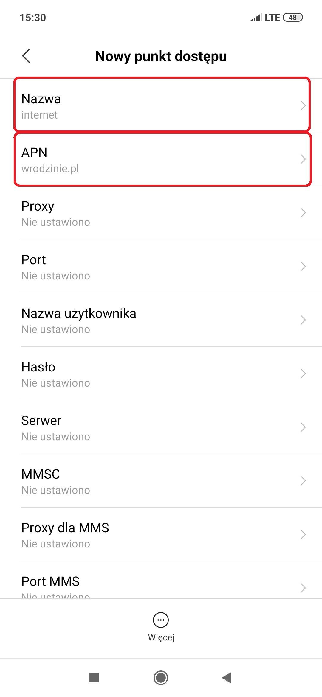 Jako nazwa powinno być wpisane: Internet, a APN: wrodzinie.pl