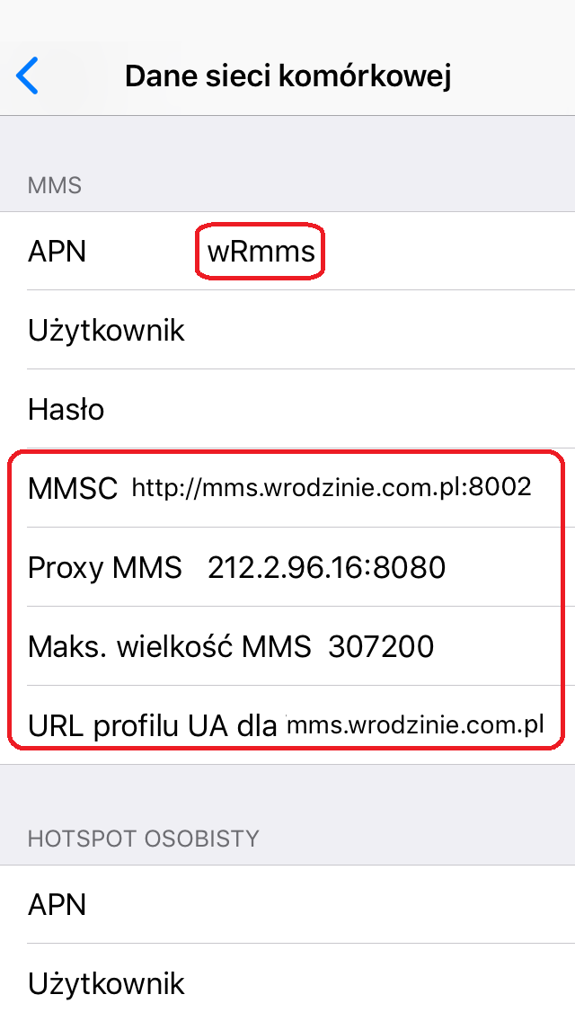 Pozycja APN powinna być ustawiona na wRmms.pl, MMSC na http://mms.wrodzinie.com.pl:8002, Proxy MMS 212.2.96.16:8080, Maks. wielkość MMS 307200, URL profilu UA dla mms.wrodzinie.com.pl